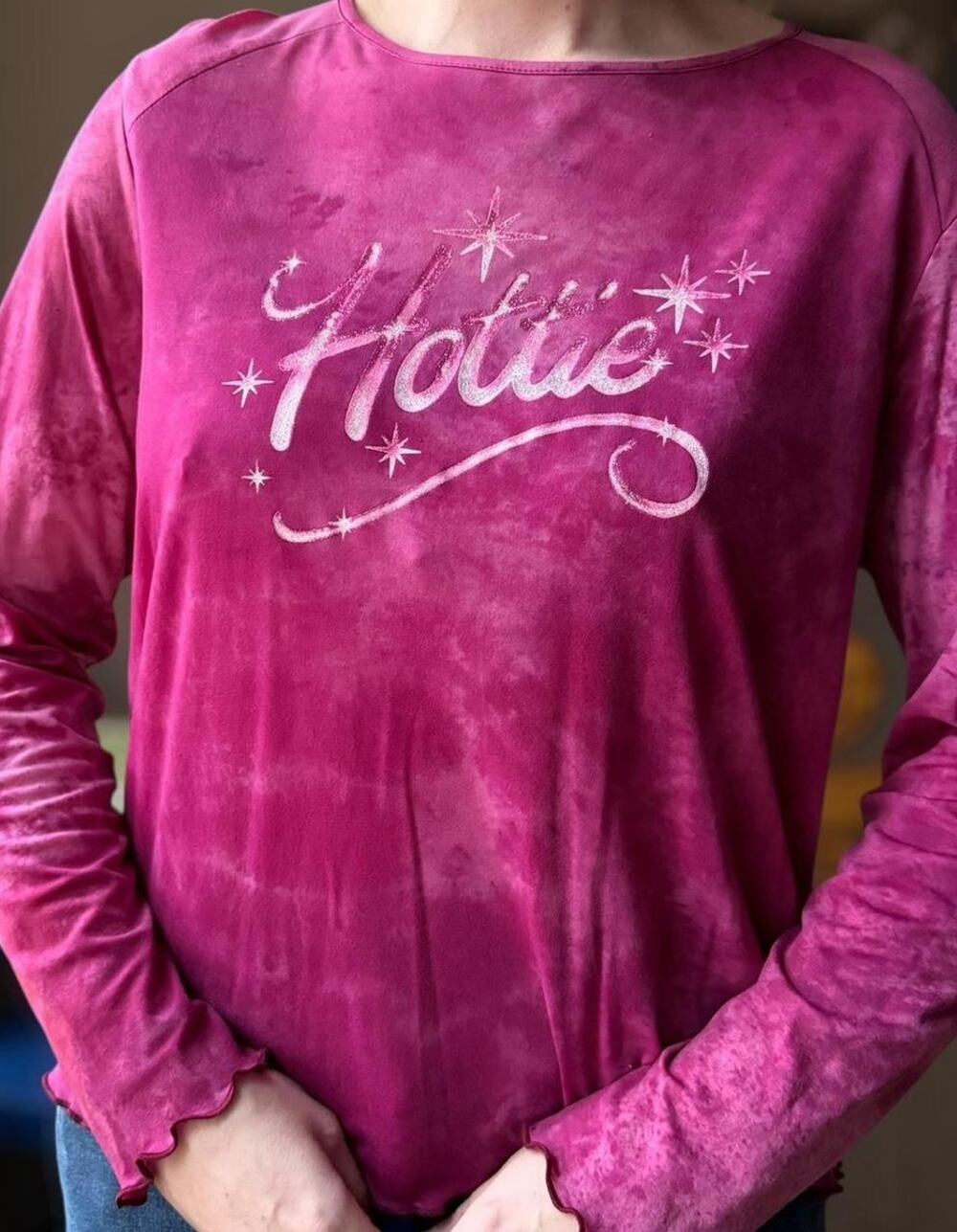 Vintage Y2K Hottie Glitter Pink Long Sleeve Tee Shirt |Tie Dye Lettuce Hem Top|L